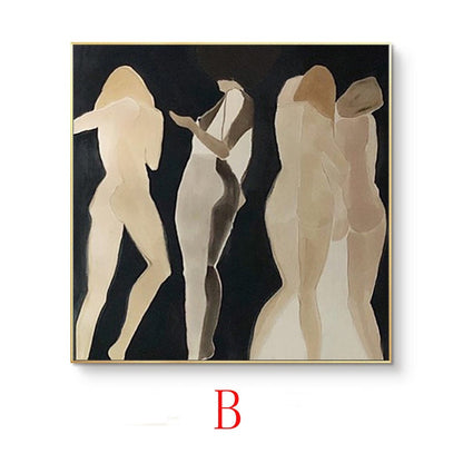 May include: Abstract painting of four figures in shades of brown and beige against a black background. The figures are stylized and appear to be dancing or interacting with each other.