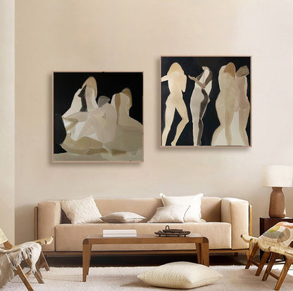 May include: Two abstract paintings of figures in muted tones. The first painting features four figures in a group, while the second painting features four figures standing in a line. Both paintings have a dark background.