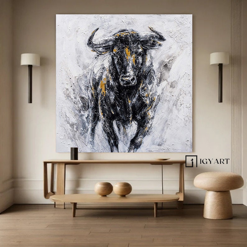 Abstract Bull Painting on Canvas – Black & Gold Textured Wall Art – Abstract Painting
