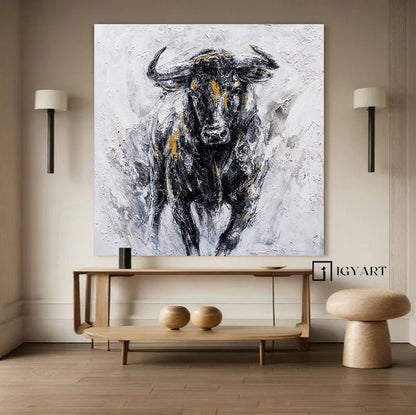 Abstract Bull Painting on Canvas – Black & Gold Textured Wall Art – Abstract Painting