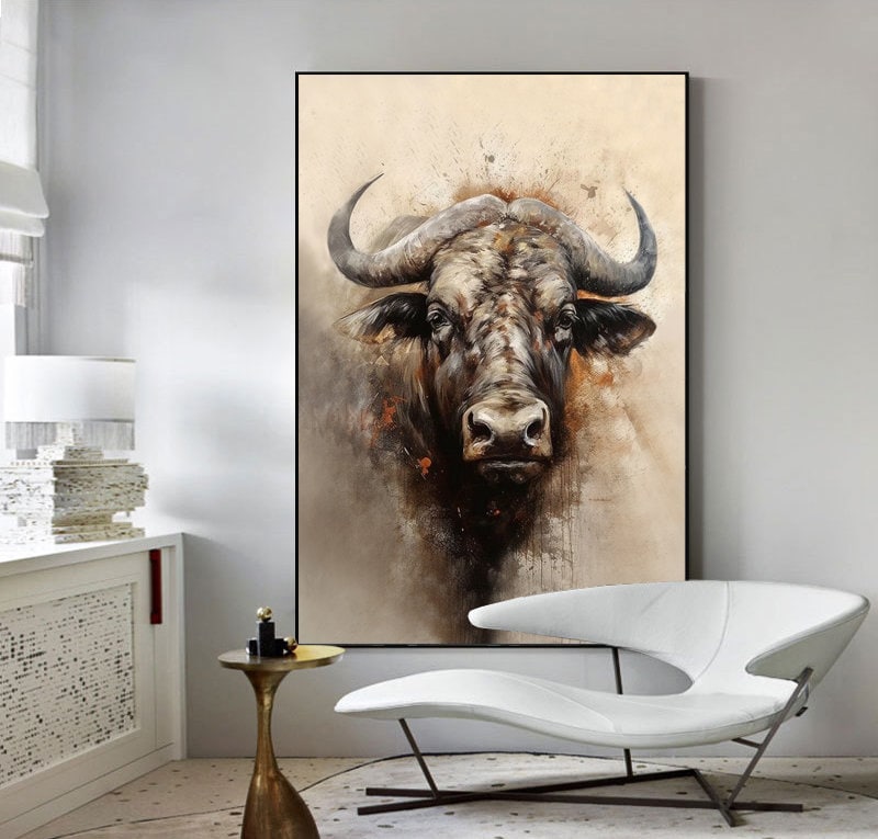 Large Classical Bull Oil Painting on Canvas, Original Hand-painted Bull Canvas Wall Art, Modern Animal Wall Art for Living Room, Home Decor