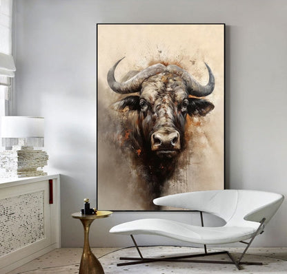 Large Classical Bull Oil Painting on Canvas, Original Hand-painted Bull Canvas Wall Art, Modern Animal Wall Art for Living Room, Home Decor