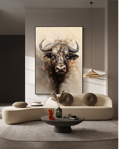 Large Classical Bull Oil Painting on Canvas, Original Hand-painted Bull Canvas Wall Art, Modern Animal Wall Art for Living Room, Home Decor