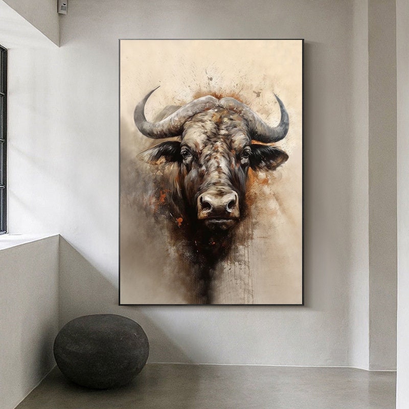 Large Classical Bull Oil Painting on Canvas, Original Hand-painted Bull Canvas Wall Art, Modern Animal Wall Art for Living Room, Home Decor