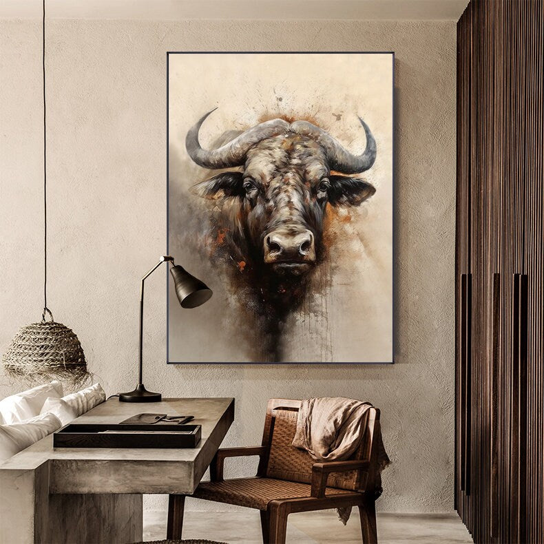 Large Classical Bull Oil Painting on Canvas, Original Hand-painted Bull Canvas Wall Art, Modern Animal Wall Art for Living Room, Home Decor