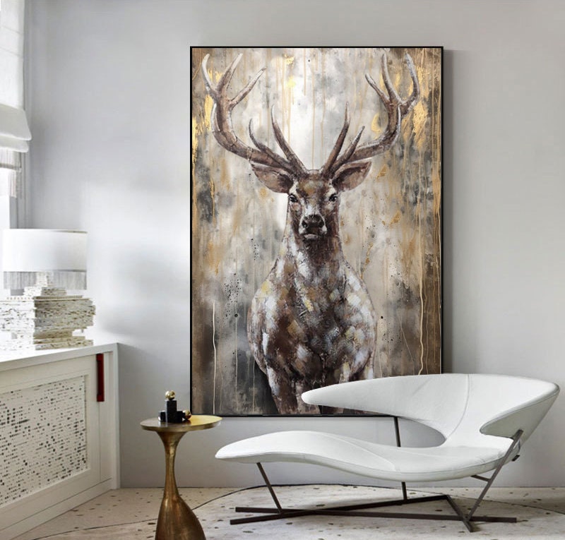 Large Abstract Deer Oil Painting on Canvas, Original Hand-painted Stag Canvas Wall Art, Modern Animal Painting for Living Room, Home Decor