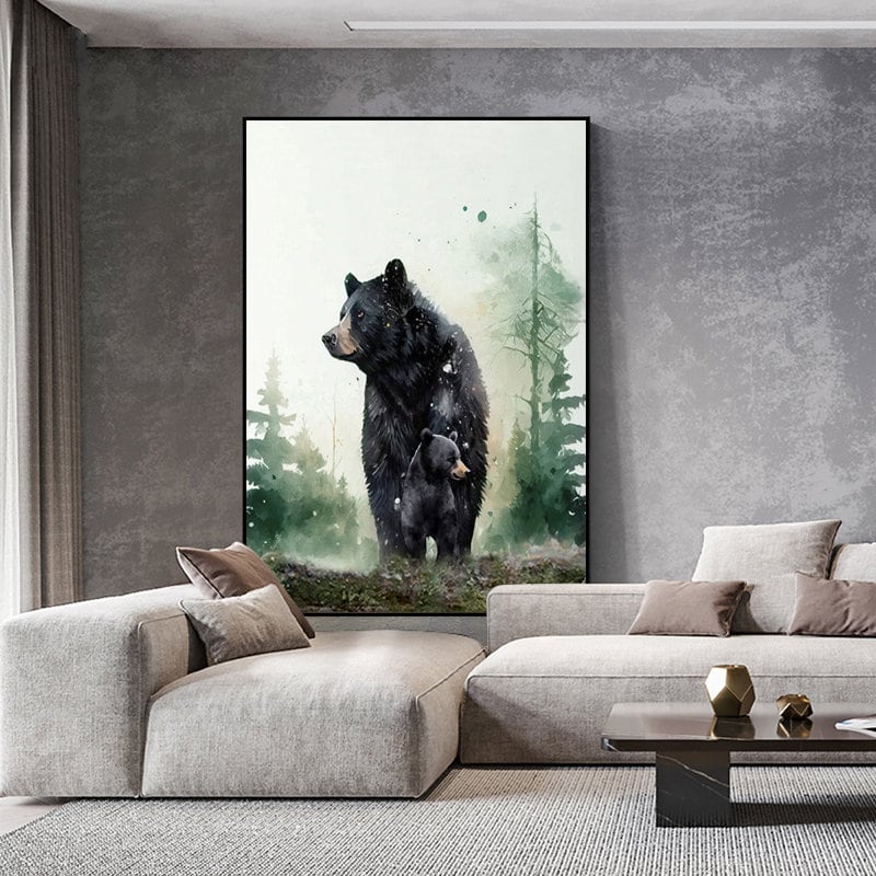 May include: Watercolor painting of a black bear and her cub standing in a forest. The bears are facing to the left, and the background is a soft green and white.