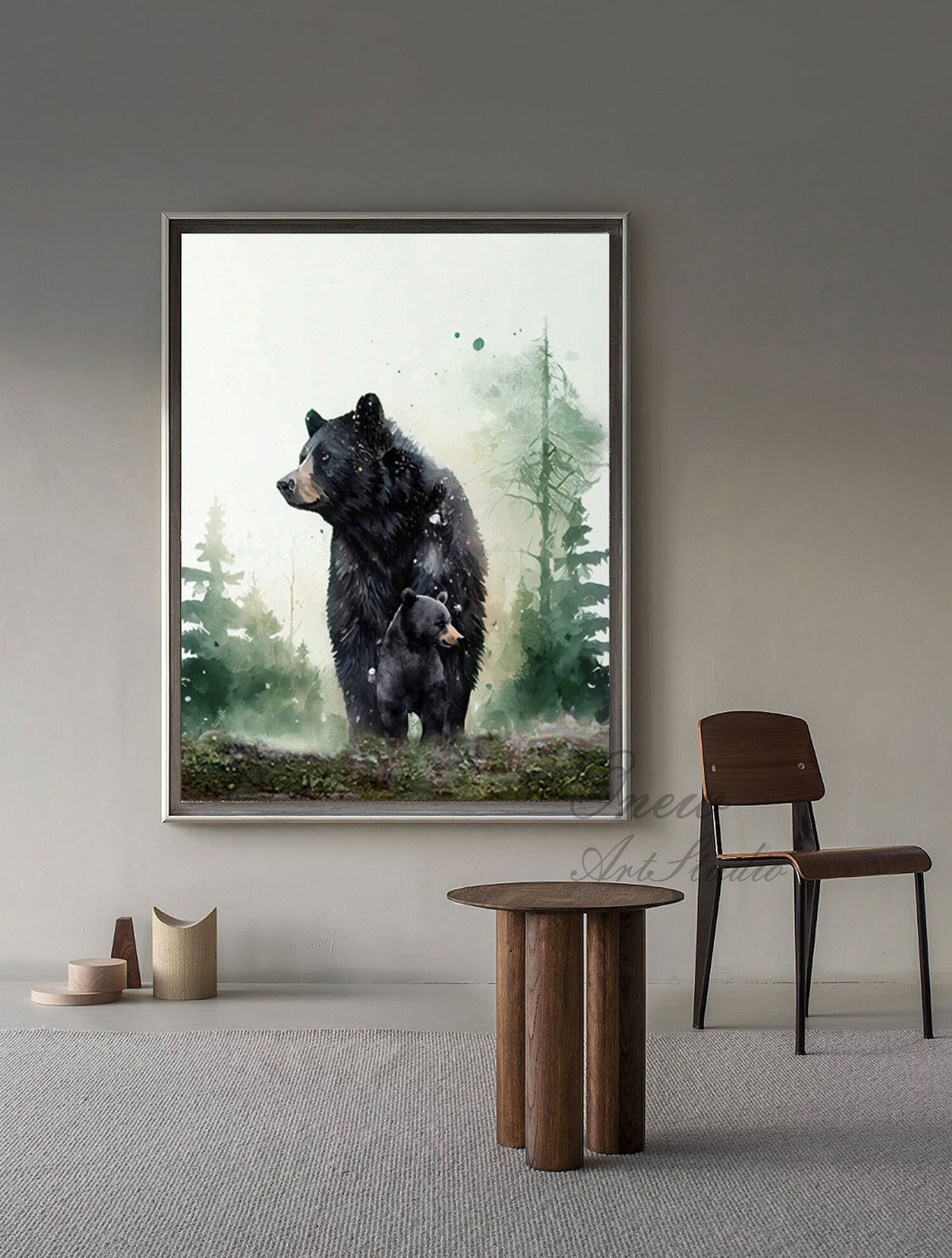 May include: Watercolor painting of a black bear and her cub standing in a forest. The painting is framed and hanging on a wall.