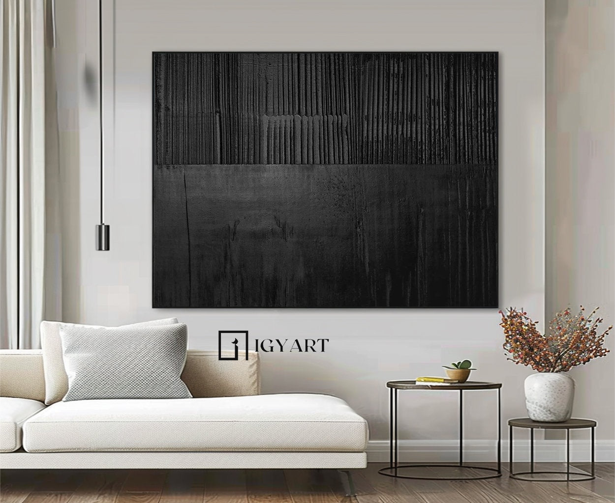 Large Black 3D Textured Abstract Painting – Minimalist Wall Art