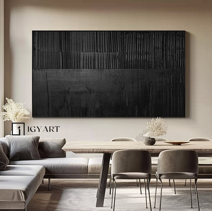 Large Black 3D Textured Abstract Painting – Minimalist Wall Art