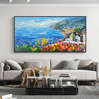 Impressionist Mediterranean-sea Oil Painting on Canvas, Large Original Coastal Cityscape Painting, Modern Seascape Wall Art for Living Room