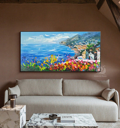 Impressionist Mediterranean-sea Oil Painting on Canvas, Large Original Coastal Cityscape Painting, Modern Seascape Wall Art for Living Room