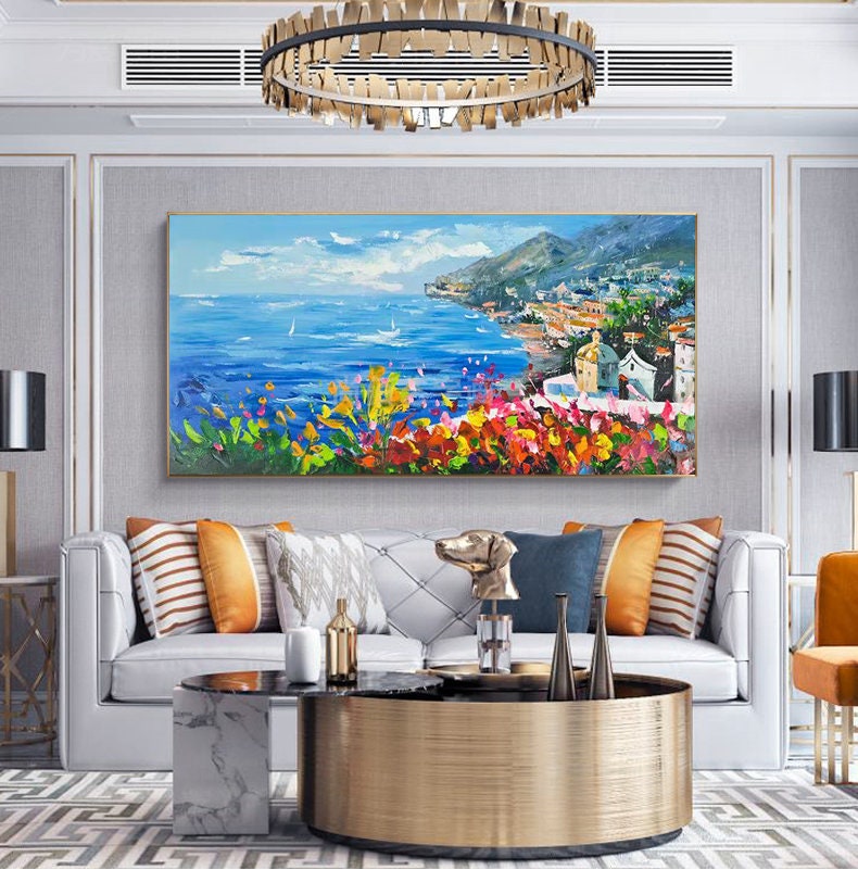 Impressionist Mediterranean-sea Oil Painting on Canvas, Large Original Coastal Cityscape Painting, Modern Seascape Wall Art for Living Room