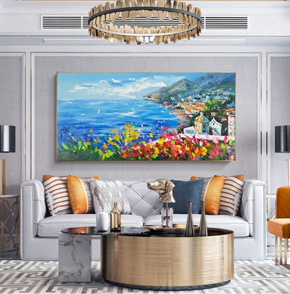 Impressionist Mediterranean-sea Oil Painting on Canvas, Large Original Coastal Cityscape Painting, Modern Seascape Wall Art for Living Room