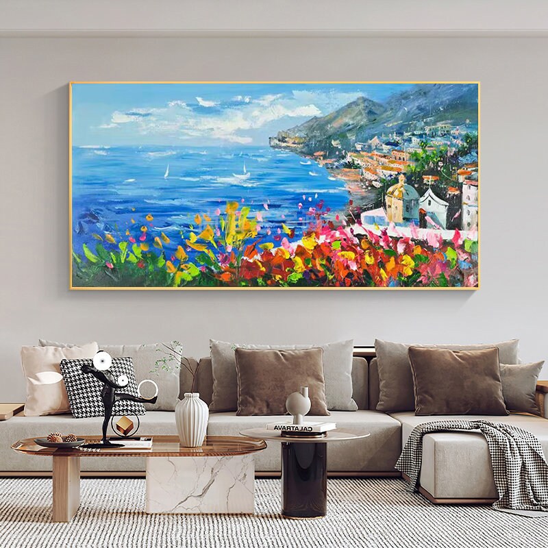 Impressionist Mediterranean-sea Oil Painting on Canvas, Large Original Coastal Cityscape Painting, Modern Seascape Wall Art for Living Room