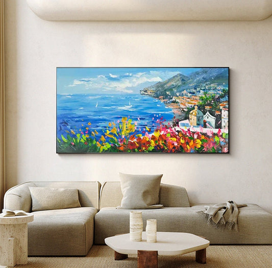 Impressionist Mediterranean-sea Oil Painting on Canvas, Large Original Coastal Cityscape Painting, Modern Seascape Wall Art for Living Room