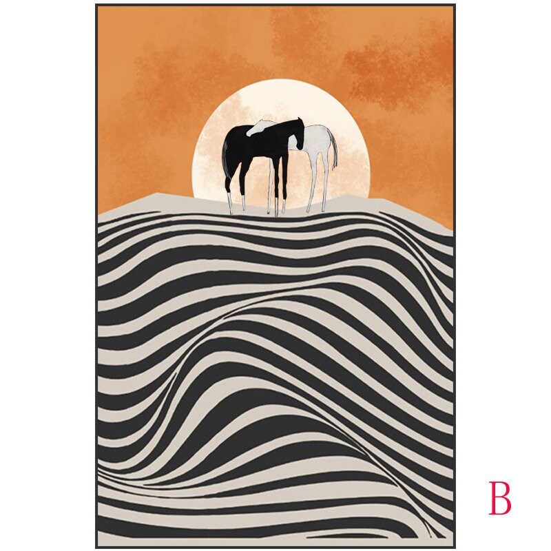 Abstract Horse and Sunrise oil painting on Canvas, Large Original Horses Canvas Wall Art, Modern Desert Landscape Painting for Living Room