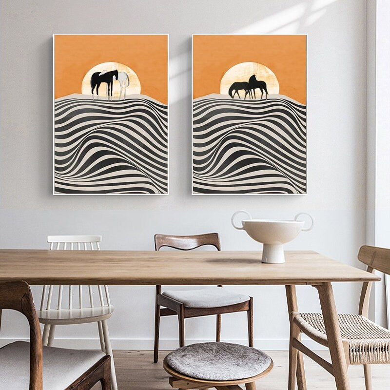 Abstract Horse and Sunrise oil painting on Canvas, Large Original Horses Canvas Wall Art, Modern Desert Landscape Painting for Living Room