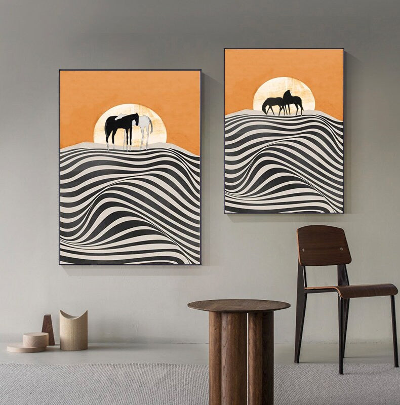 Abstract Horse and Sunrise oil painting on Canvas, Large Original Horses Canvas Wall Art, Modern Desert Landscape Painting for Living Room