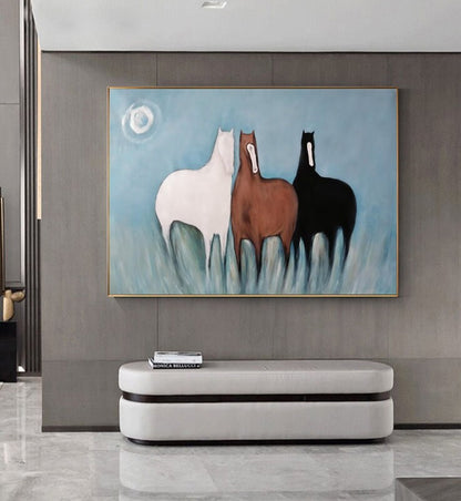 Large Abstract Horses Oil Painting on Canvas, Original Hand-painted Horse Canvas Wall Art, Modern Animal Painting for Living Room,home Décor