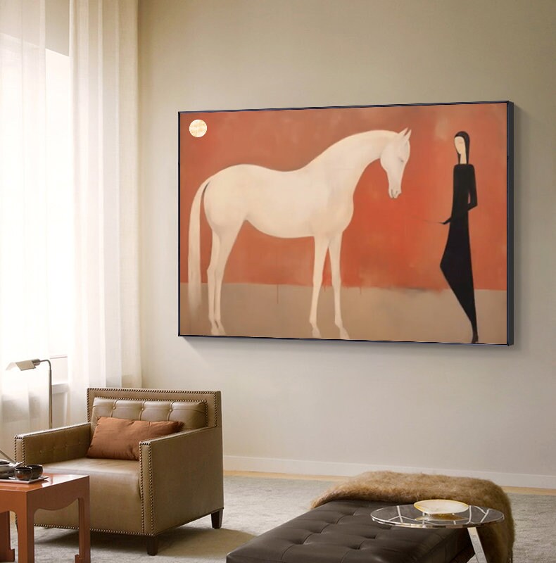 Large Abstract White Horse Oil Painting on Canvas, Original White Horse and Girl Canvas Wall Art, Minimalist Animal Wall Art for Living Room