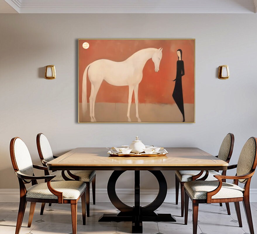 Large Abstract White Horse Oil Painting on Canvas, Original White Horse and Girl Canvas Wall Art, Minimalist Animal Wall Art for Living Room