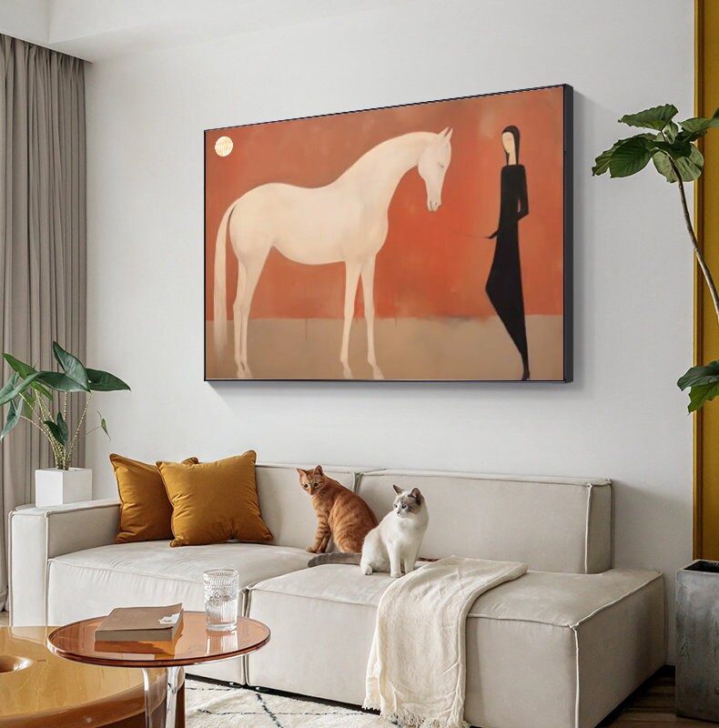 Large Abstract White Horse Oil Painting on Canvas, Original White Horse and Girl Canvas Wall Art, Minimalist Animal Wall Art for Living Room