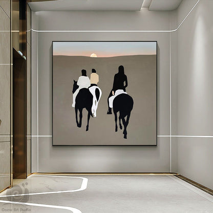 Abstract Horse Riding Oil Painting, Original Hand-painted Horse Riding Canvas Wall Art, Modern Landscape Painting for Living Room,home Décor