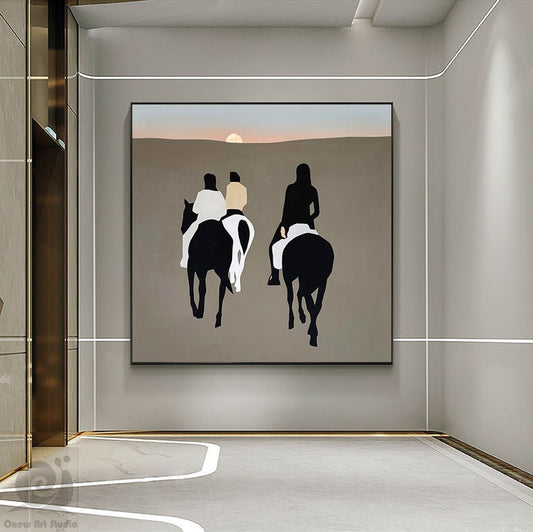 Abstract Horse Riding Oil Painting, Original Hand-painted Horse Riding Canvas Wall Art, Modern Landscape Painting for Living Room,home Décor