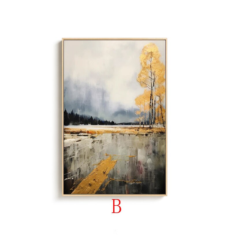 Large Abstract Landscape Oil Painting on Canvas, Original Golden Trees Canvas Wall Art, Modern Forest Wall Art for Living Room, Home Décor