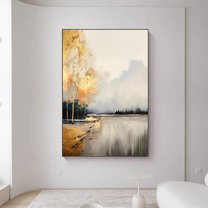 Large Abstract Landscape Oil Painting on Canvas, Original Golden Trees Canvas Wall Art, Modern Forest Wall Art for Living Room, Home Décor