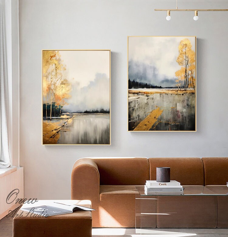 Large Abstract Landscape Oil Painting on Canvas, Original Golden Trees Canvas Wall Art, Modern Forest Wall Art for Living Room, Home Décor