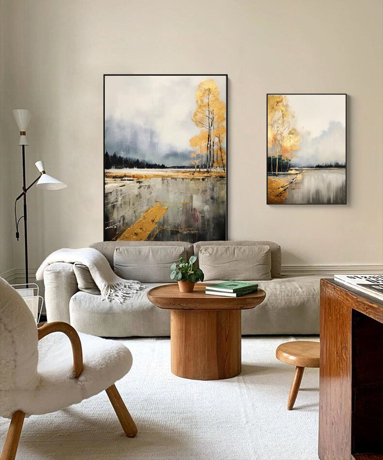 Large Abstract Landscape Oil Painting on Canvas, Original Golden Trees Canvas Wall Art, Modern Forest Wall Art for Living Room, Home Décor