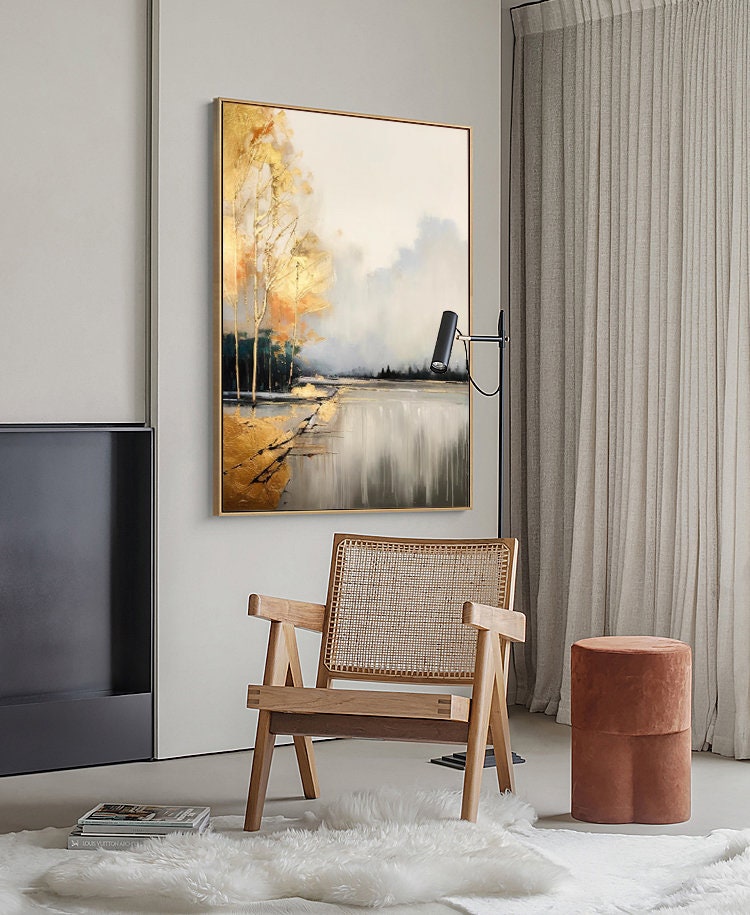 Large Abstract Landscape Oil Painting on Canvas, Original Golden Trees Canvas Wall Art, Modern Forest Wall Art for Living Room, Home Décor