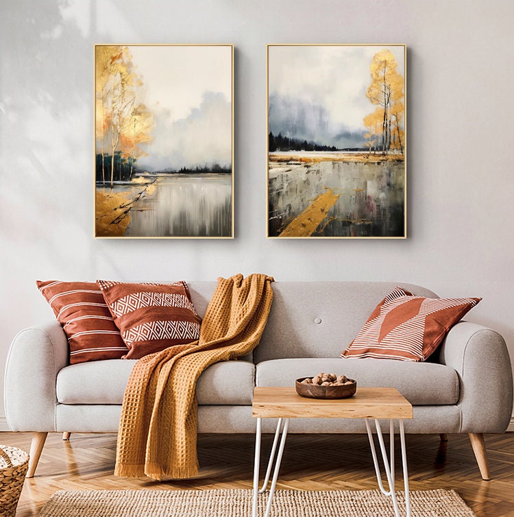 Large Abstract Landscape Oil Painting on Canvas, Original Golden Trees Canvas Wall Art, Modern Forest Wall Art for Living Room, Home Décor