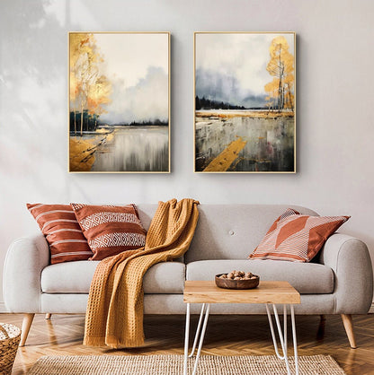 Large Abstract Landscape Oil Painting on Canvas, Original Golden Trees Canvas Wall Art, Modern Forest Wall Art for Living Room, Home Décor