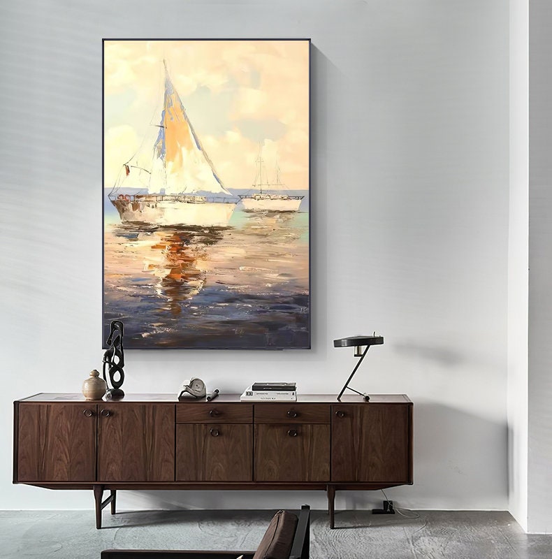 Abstract Sailboats Oil Painting on Canvas, Original Seascape Canvas Wall Art, Ocean Canvas Art, Modern Nautical Oil Painting for Living Room