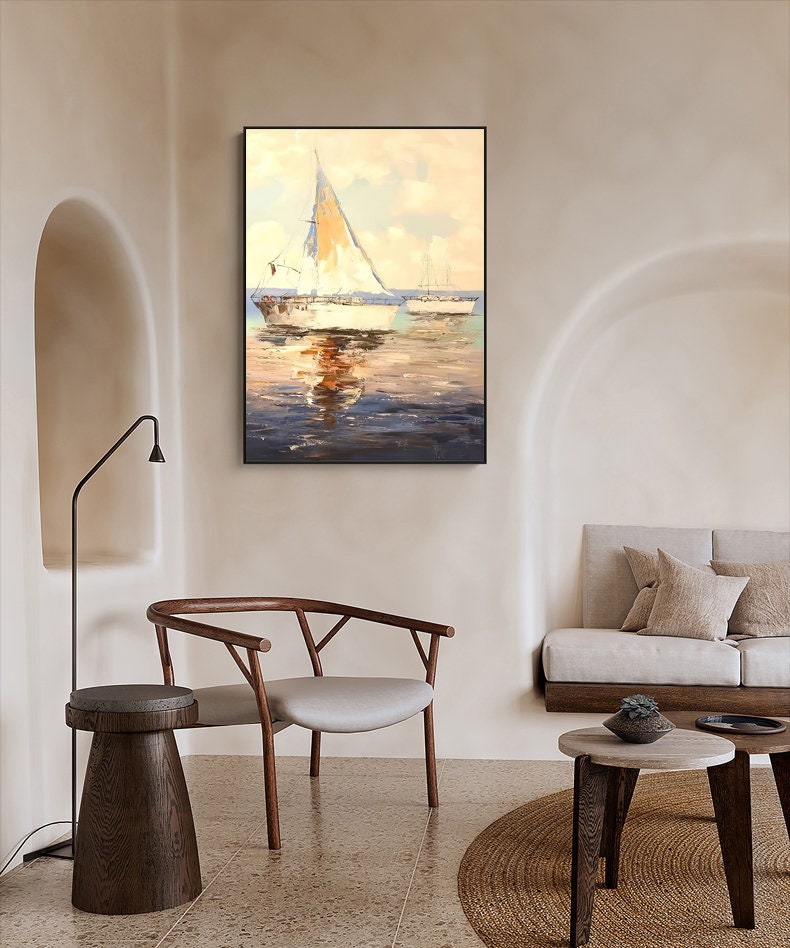 Abstract Sailboats Oil Painting on Canvas, Original Seascape Canvas Wall Art, Ocean Canvas Art, Modern Nautical Oil Painting for Living Room