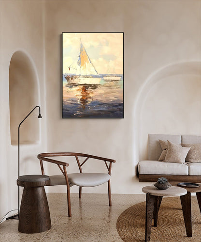Abstract Sailboats Oil Painting on Canvas, Original Seascape Canvas Wall Art, Ocean Canvas Art, Modern Nautical Oil Painting for Living Room