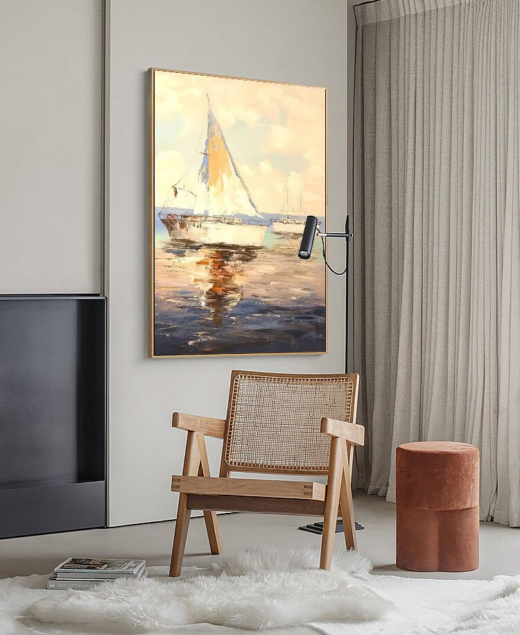 Abstract Sailboats Oil Painting on Canvas, Original Seascape Canvas Wall Art, Ocean Canvas Art, Modern Nautical Oil Painting for Living Room