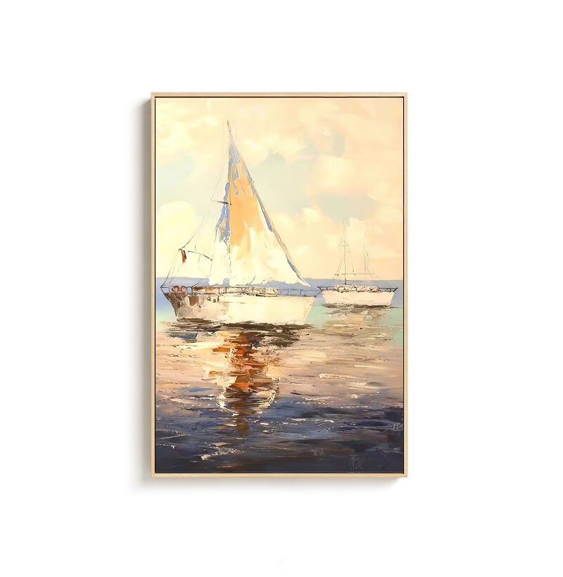 Abstract Sailboats Oil Painting on Canvas, Original Seascape Canvas Wall Art, Ocean Canvas Art, Modern Nautical Oil Painting for Living Room