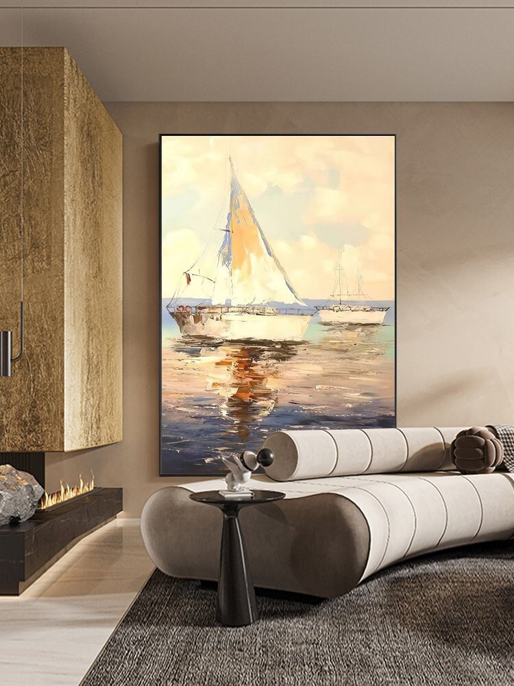 Abstract Sailboats Oil Painting on Canvas, Original Seascape Canvas Wall Art, Ocean Canvas Art, Modern Nautical Oil Painting for Living Room