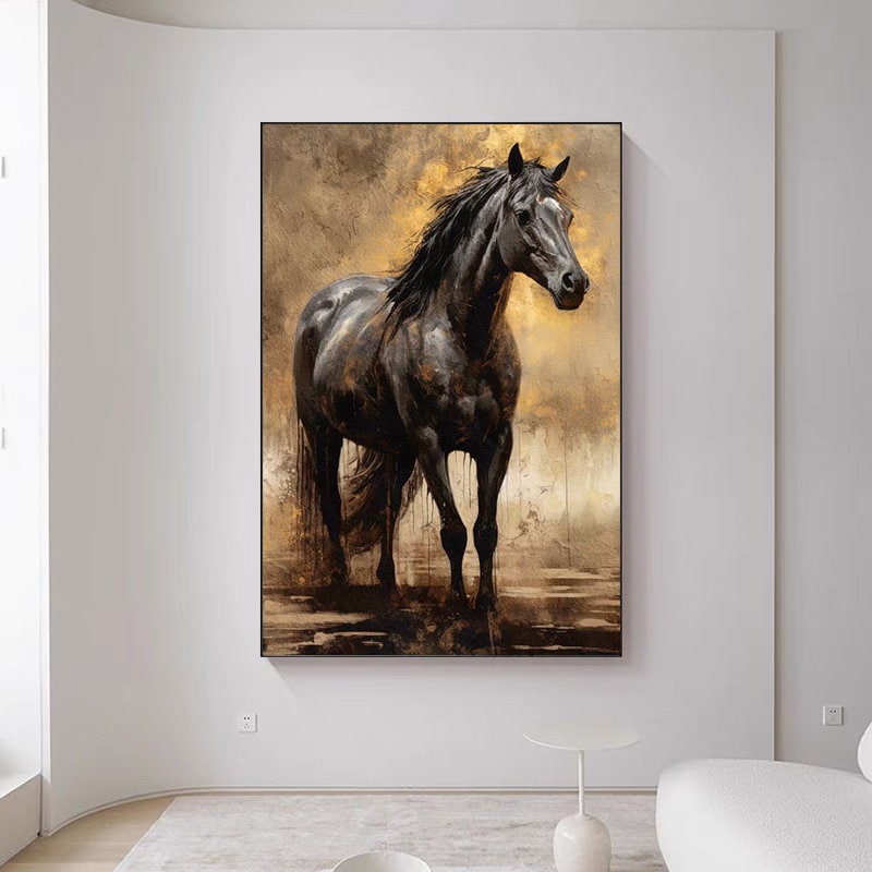 Large Impressionist Horse Oil Painting on Canvas, Original Black Horse Canvas Wall Art, Modern Animal Painting for Living Room, Office Decor