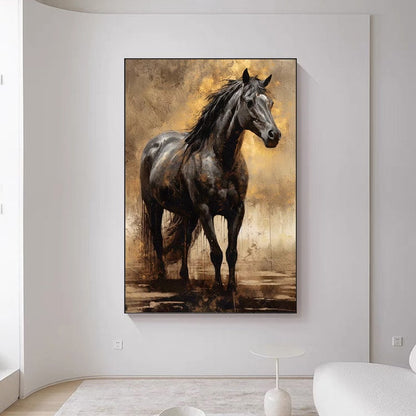 Large Impressionist Horse Oil Painting on Canvas, Original Black Horse Canvas Wall Art, Modern Animal Painting for Living Room, Office Decor