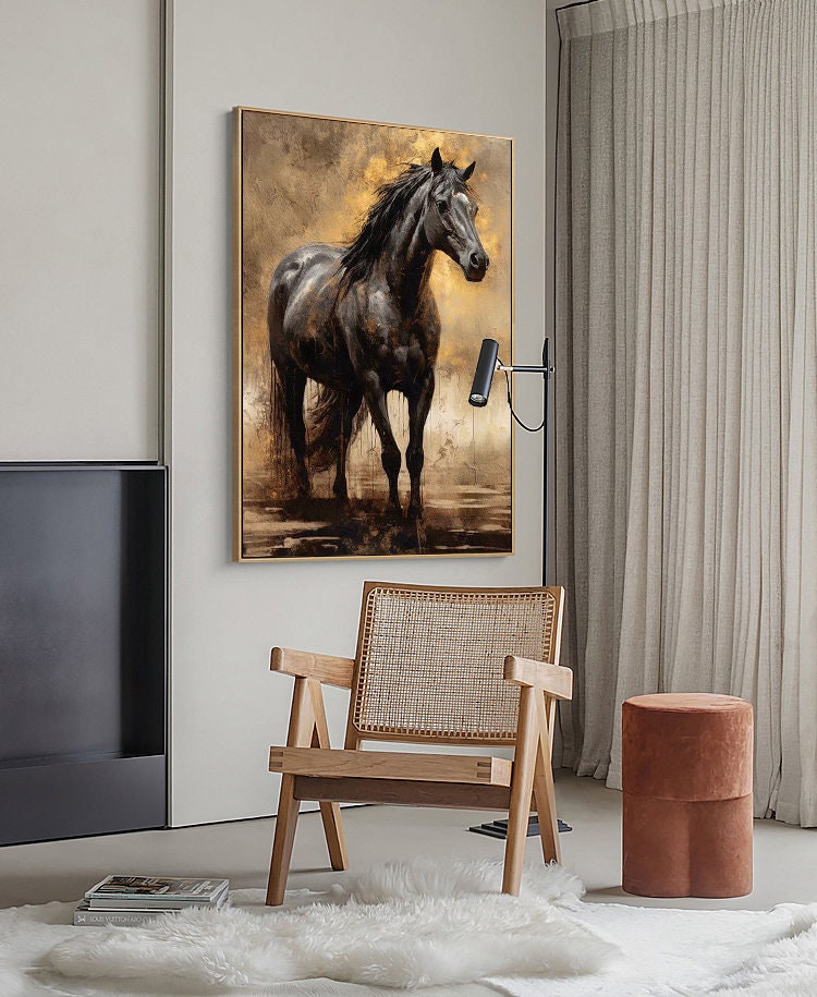 Large Impressionist Horse Oil Painting on Canvas, Original Black Horse Canvas Wall Art, Modern Animal Painting for Living Room, Office Decor