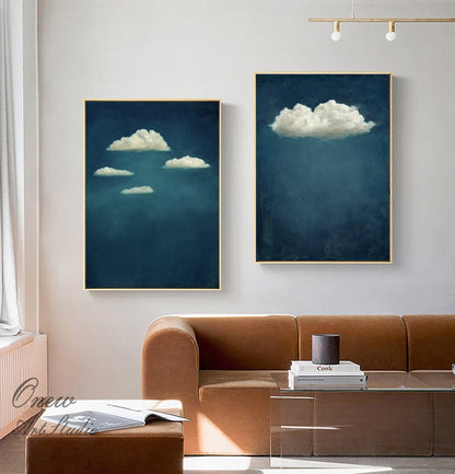 Abstract Cloud and Night Sky Oil Painting on Canvas, Original Blue and White Canvas Wall Art, Large Celestial Cloud Painting for Living Room