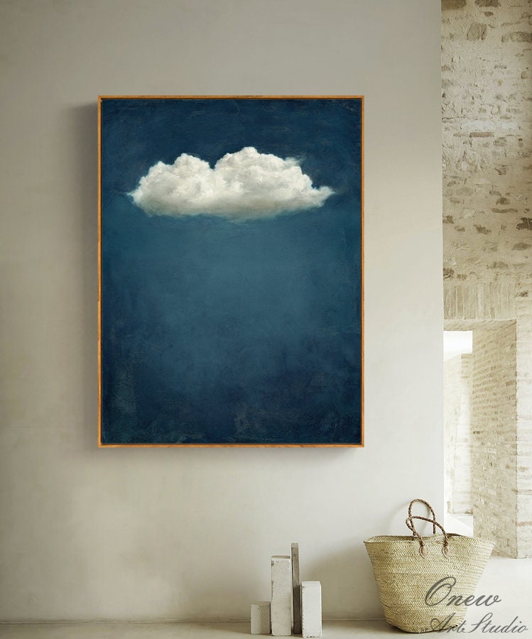 Abstract Cloud and Night Sky Oil Painting on Canvas, Original Blue and White Canvas Wall Art, Large Celestial Cloud Painting for Living Room