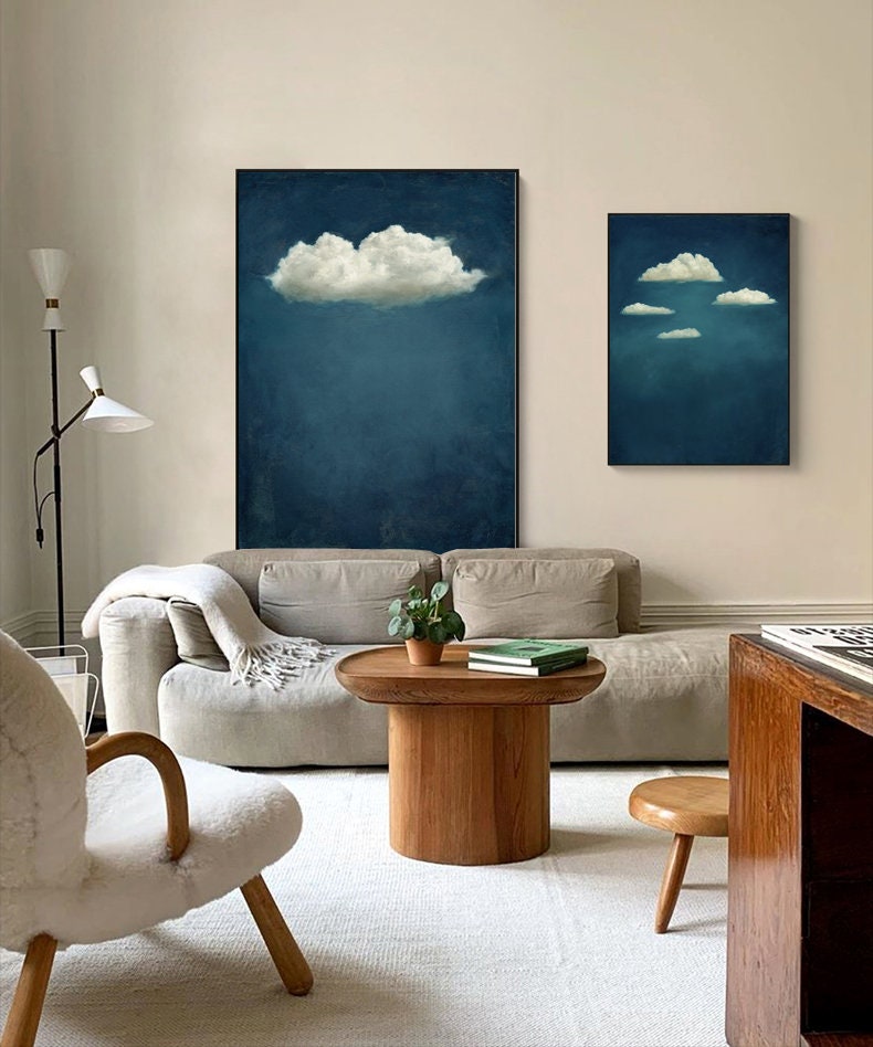 Abstract Cloud and Night Sky Oil Painting on Canvas, Original Blue and White Canvas Wall Art, Large Celestial Cloud Painting for Living Room