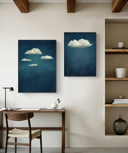 Abstract Cloud and Night Sky Oil Painting on Canvas, Original Blue and White Canvas Wall Art, Large Celestial Cloud Painting for Living Room