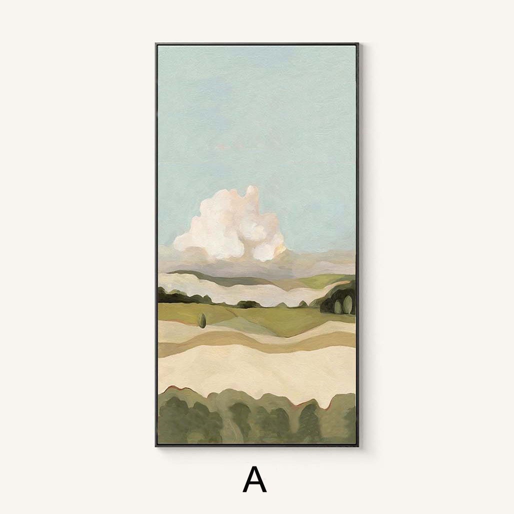 May include: Abstract landscape painting with a large white cloud in a blue sky over rolling green hills. The painting is framed in black.